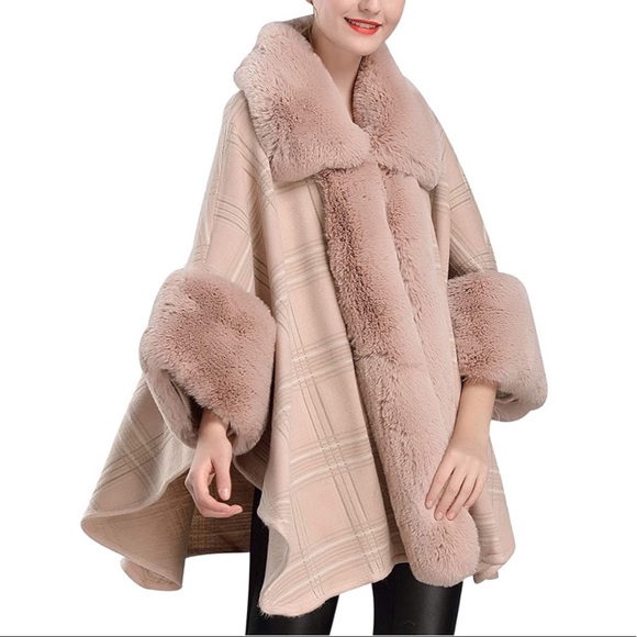 Poncho Cape Faux Fur Shawl Wrap Open Front Cardigan